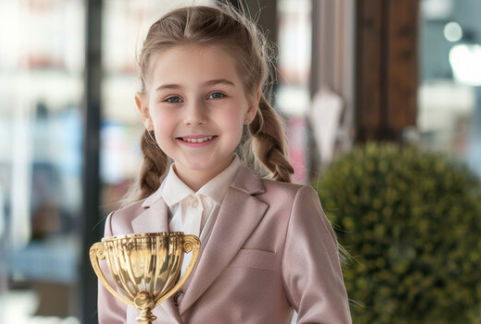 student holding trophy